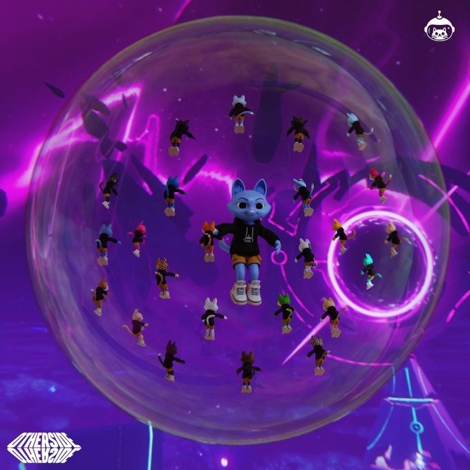 A digital artwork or game screenshot featuring a blue cat-like character in the center of a purple sphere, surrounded by smaller figures.