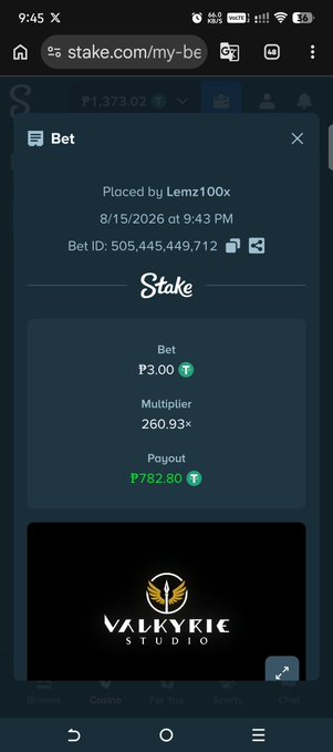 A Stake.com betting screenshot showing a bet of ₱3.00 with a 260.93x multiplier resulting in a ₱782.80 payout on a 'VALKYRIE STUDIO' game.