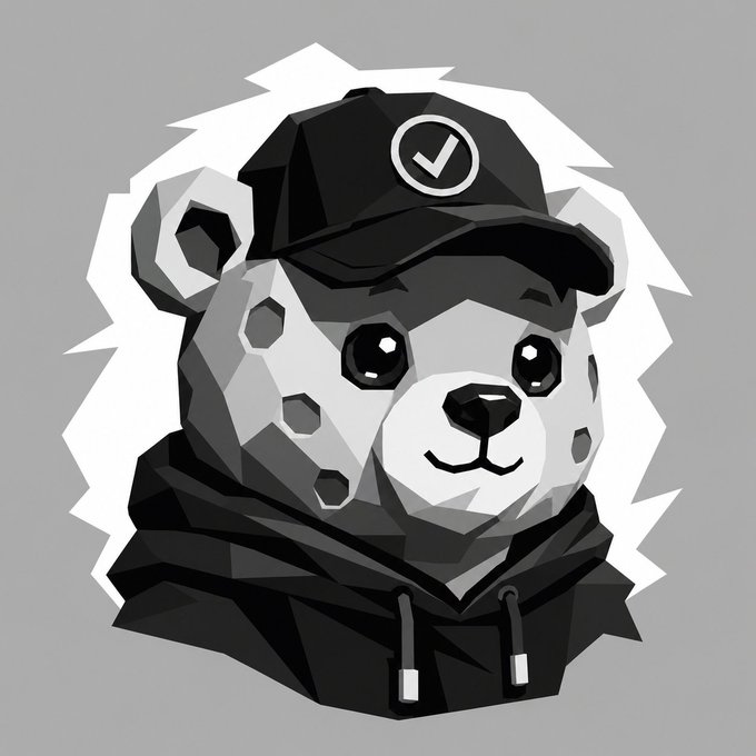 A low-poly grayscale illustration of a bear wearing a black cap with a verified checkmark logo and a hoodie, complementing the "GM Web3 Happy Friday!" post as a stylized mascot representing the crypto community's positive weekend greeting.