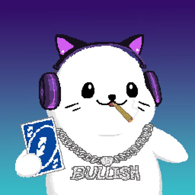 A pixel-art cartoon cat wearing headphones and a chain necklace holds money and a cigarette with the word 'BULLISH' below.