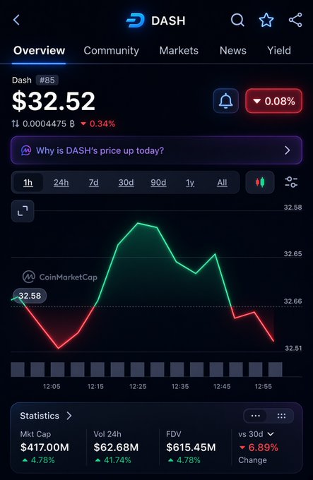 A cryptocurrency tracking app screen displaying the DASH token (#85) priced at $32.52, with a 24-hour price chart showing a recent dip and various market statistics including a $417.00M market cap.