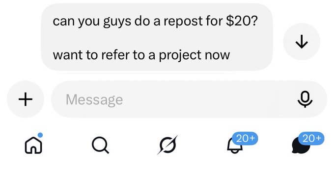 A screenshot of a direct message conversation where a user asks, 'can you guys do a repost for $20? want to refer to a project now.'