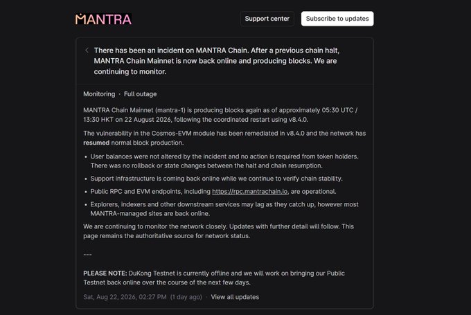 A screenshot of a MANTRA announcement stating the chain is back online after an incident, with a vulnerability in the Cosmos-EVM module remediated in v8.4.0.