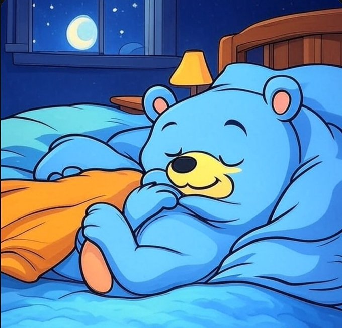 A cartoon blue bear sleeps peacefully tucked into bed under a night sky with a crescent moon. The cozy, "goodnight" vibe of the image fits the casual "Gn guys" (goodnight) message, while the cute illustration helps draw attention to the $150 giveaways being promoted.