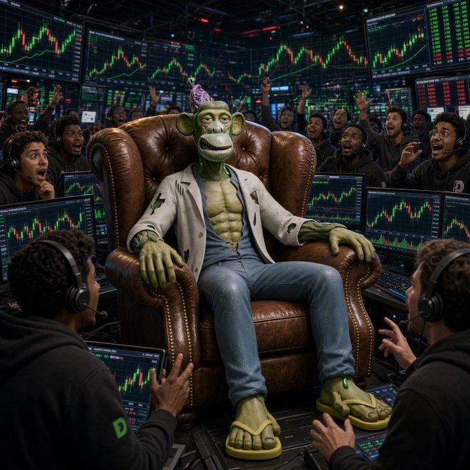 An AI-generated image of a monkey wearing a birthday hat, a white lab coat, and jeans, sitting in a leather chair surrounded by excited stock traders looking at charts displaying red and green candlesticks.