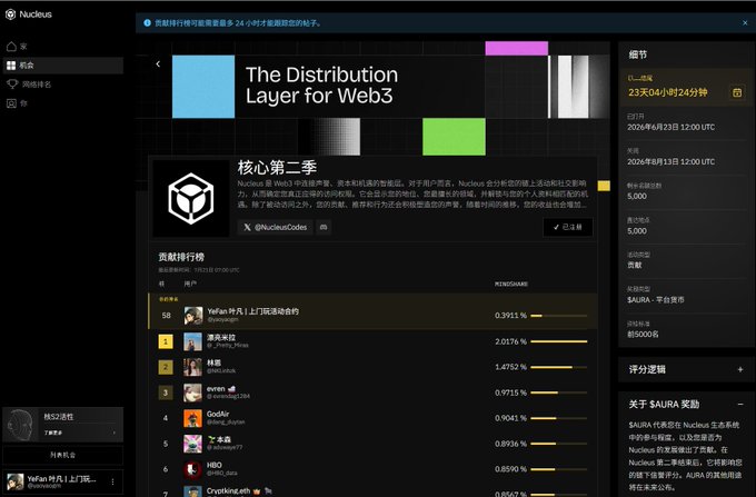 A screenshot of a web interface for 'Nucleus', labeled 'The Distribution Layer for Web3', displaying a weekly AURA reward distribution leaderboard with various user rankings.