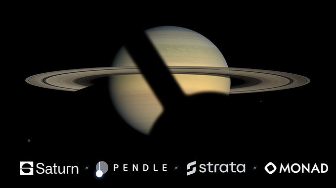 A dramatic photograph of the planet Saturn with its rings prominently displayed against a black background, featuring logos at the bottom for Saturn, PENDLE, strata, and MONAD.