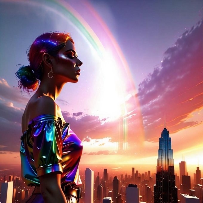 A vibrant digital artwork features a woman in profile wearing an iridescent, rainbow-reflective outfit, with a colorful rainbow arcing across a sunset-lit cityscape behind her, complementing the post's "Girl Wrapped In A Rainbow Above The City" NFT listing on objkt.com (KT1BoMd) priced at 15 XTZ.