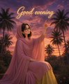 An album cover showing a person in a pink dress seated against a sunset sky with palm trees, featuring the text 'Good evening' in elegant script.