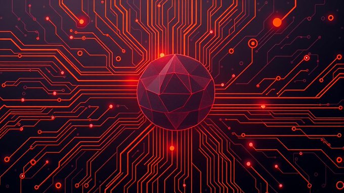 A red glowing geometric sphere sits at the center of a dark digital circuit board pattern with illuminated nodes and pathways.