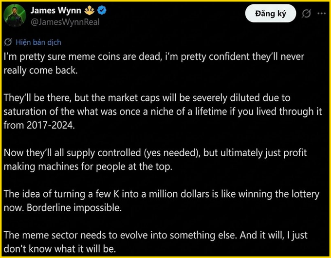 The image shows a black background with white text, which appears to be an explanation or analysis of James Wynn's meme coin strategy from a few years ago. This information is crucial for understanding the context and importance of the meme coin during that period in 2016.