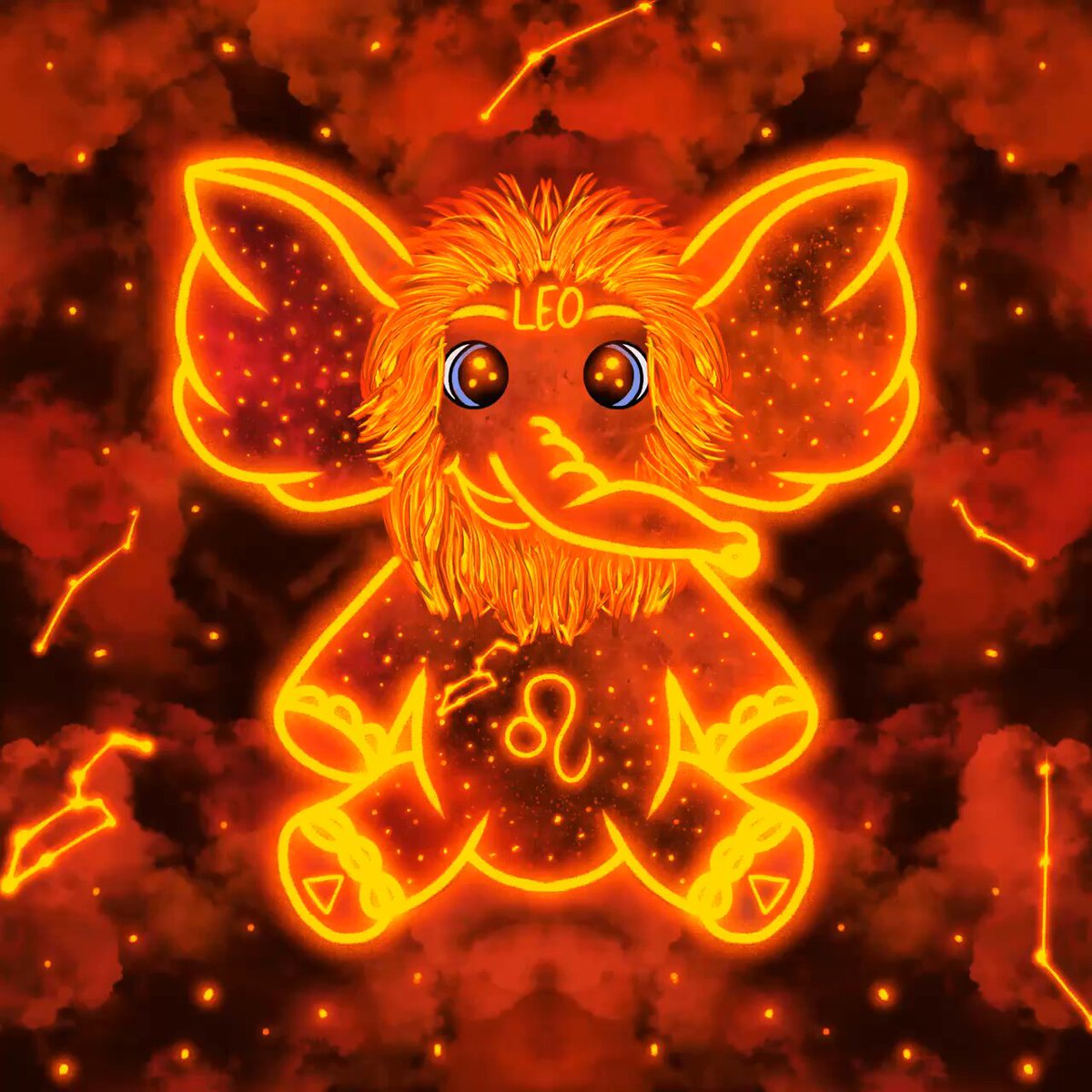 The image features a cute cartoon elephant with an orange body, wearing a necklace that says "LEO" at the top of its head. The elephant has a big smile on its face and appears to be sitting or lying down comfortably. The background is a dark red color filled with stars, giving it a starry night sky theme. The image also includes text that reads "Good night! Only 1 Baby Elephant with animation left on opensea #stylishbabyelephants". This post seems to be promoting an event related to baby elephants or possibly celebrating the birth of a new elephant in the family.