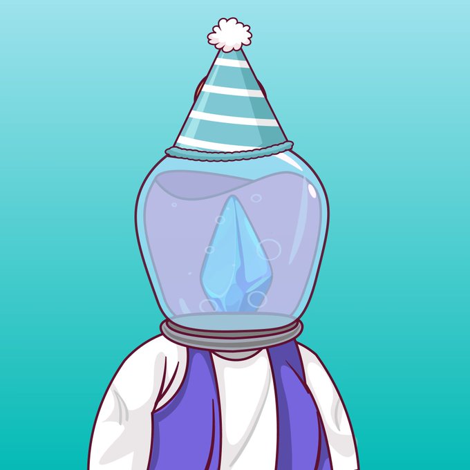 A cartoon illustration of a character wearing a striped party hat with a water-filled glass bowl containing a blue crystal in place of a head, set against a teal background.