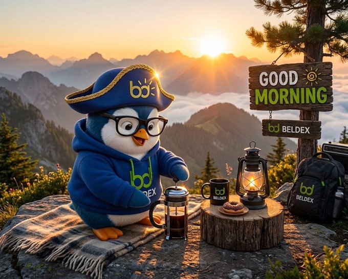 A cheerful penguin mascot wearing glasses and a blue 'bd BELDEX' hoodie sits on a blanket at a mountain campsite with coffee and a lantern, beside a 'GOOD MORNING' sign branded with 'bd BELDEX'.