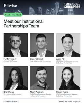 A Bitwise Token 2049 Singapore promotional flyer introducing the 'Institutional Partnerships Team' with headshots of Hunter Horsley, Brian Reardori, Aaron Kho, Shani Leon, Albert Peutsch, and Suwen Huang.