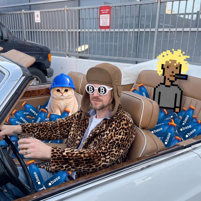 A man wearing a leopard-print jacket, Bitcoin sunglasses, and a cap drives a convertible filled with "base" branded bottles, accompanied by a cat in a blue hard hat. A pixelated figure in the back seat ties into the playful crypto meme imagery, while the visible "base" branding throughout the car reinforces the $BASECAT token hype mentioned in the post.