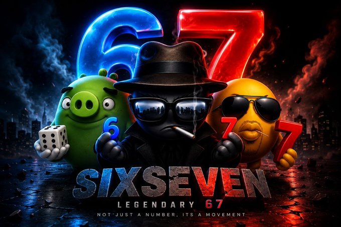 A stylized movie poster parody featuring cartoonish pig and duck characters flanking a suited figure with a fedora, with large '6' and '7' numbers and text reading 'SIXSEVEN - LEGENDARY 67' and 'NOT JUST A NUMBER, ITS A MOVEMENT'.
