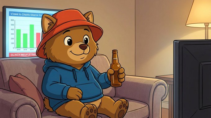 A cartoon teddy bear sitting on a couch holding an empty beer bottle, wearing a red hat.