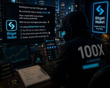 A hooded figure with glowing cyan eyes sits before trading charts and a laptop, wearing a jacket labeled '100X LOADING'. The scene advertises 'Bitget Wallet' as an on-chain tool for trading, security, and social login, with visible text including 'Hunting for my next 100 gem. x3' and '@targetmaker'.