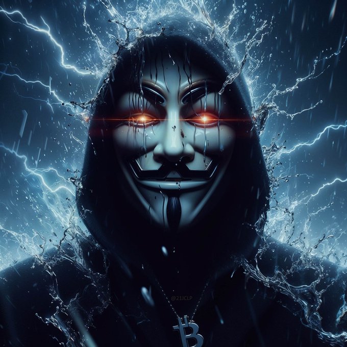 A hooded figure wearing an Anonymous mask with glowing red eyes, surrounded by water splashes and lightning, wearing a Bitcoin necklace pendant, watermarked "@21JCP".