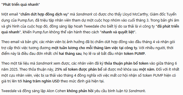 A Vietnamese-language news article reports that Pump.fun is accused of "firing too quickly," with emails and meeting recordings from co-founder Noah Tweedale allegedly revealing mass layoffs of employees in April—two months before their token unlocks—with some workers losing up to $1 million in PUMP tokens, while current and future staff may be affected by June vesting agreements and additional potential cuts of 40 employees.