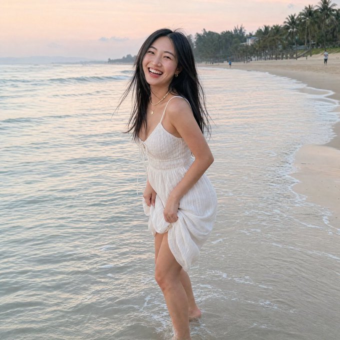 A woman in a flowing white sundress laughs joyfully while wading barefoot along a tranquil beach at sunset. The serene, wellness-focused vibe of the image complements TimeSoul's mission of rewarding intentional actions like completed wellness sessions over passive screen time.