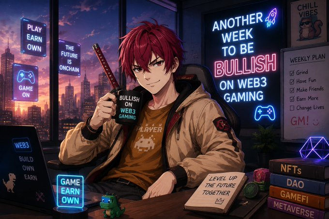 An anime-style illustration of a red-haired character holding a mug that says 'BULLISH ON WEB3 GAMING,' surrounded by neon signs with phrases like 'PLAY EARN OWN' and 'LEVEL UP THE FUTURE TOGETHER,' along with books labeled 'NFTs,' 'DAO,' and 'METAVERSE.'