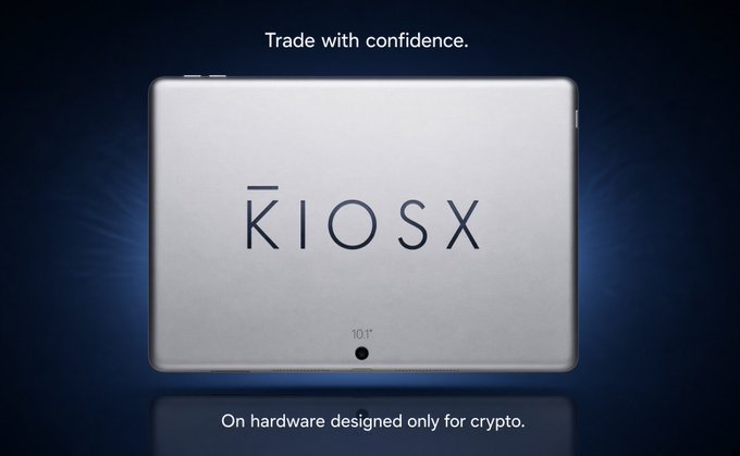 A marketing image showing a tablet device displaying the 'KIOSX' logo with the text 'Trade with confidence.' above and 'On hardware designed only for crypto.' below on a dark background.