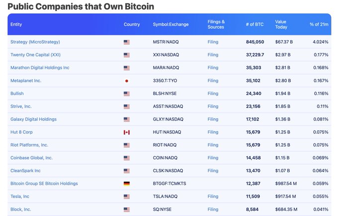A table titled 'Public Companies that Own Bitcoin' listing entities like Strategy (MicroStrategy), MARA, Coinbase, and Tesla along with their BTC holdings and values.
