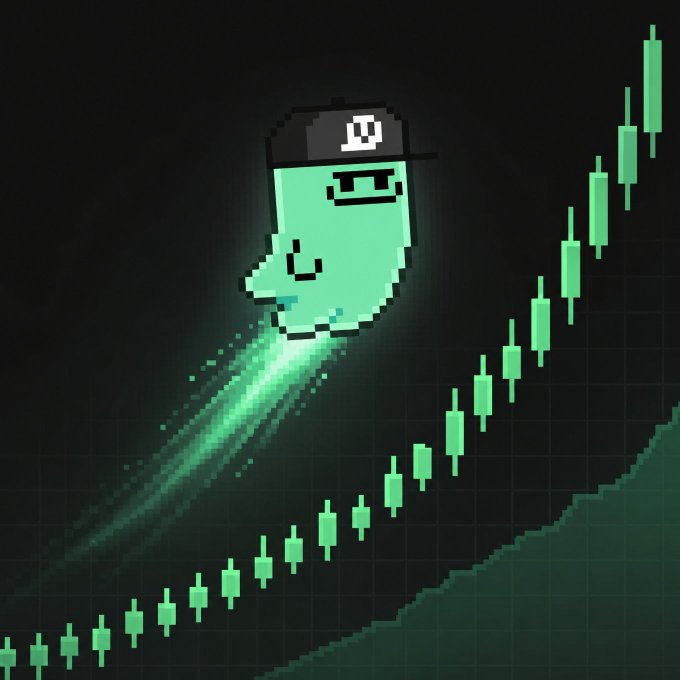 A pixel art ghost wearing a black cap with a white 'D' logo streaks upward like a comet across a green candlestick chart showing a strong bullish trend.