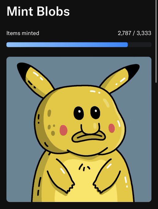 A digital NFT minting screen titled "Mint Blobs" showing a progress bar at "2,787 / 3,333 Items minted," featuring a cartoon illustration of a yellow, rounded creature with long ears and pink cheeks.