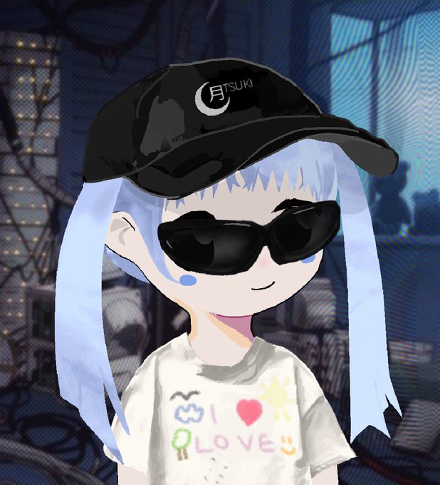 An anime-style character with light blue pigtails wears a black cap reading "月 TSUKI" and a white t-shirt featuring colorful doodles spelling "I ♥ U LOVE U" with a sun and cloud. The image's playful "I love you" shirt design and the post's mention of "moemoe means ily" (a Japanese term expressing affection) align thematically, while the cap's "月" (moon) ties into the viral resurgence of NFT culture tied to the original Moonbirds-style avatar aesthetic.