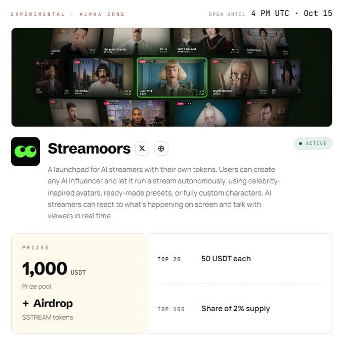 A 'Streamoors' launchpad webpage in the experimental alpha zone, describing a launchpad for AI streamers with their own tokens, showing various AI avatars and offering a 1,000 USDT prize pool plus $STREAM token airdrop for top 20 and top 100 participants.