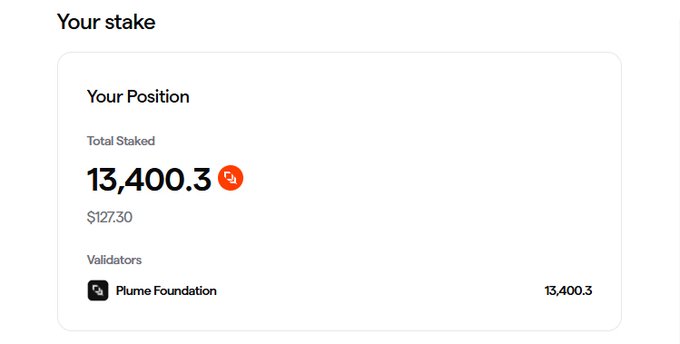 A "Your stake" dashboard showing a staked position of 13,400.3 PLUME tokens (≈$127.30) with Plume Foundation listed as the validator, reflecting the post about staking a PLUME airdrop directly on the network's website at 5% APY.