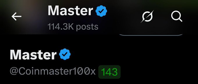 A dark-themed social media profile page showing the verified account 'Master' with the handle @Coinmaster100x, displaying 114.3K posts and a score of 143.