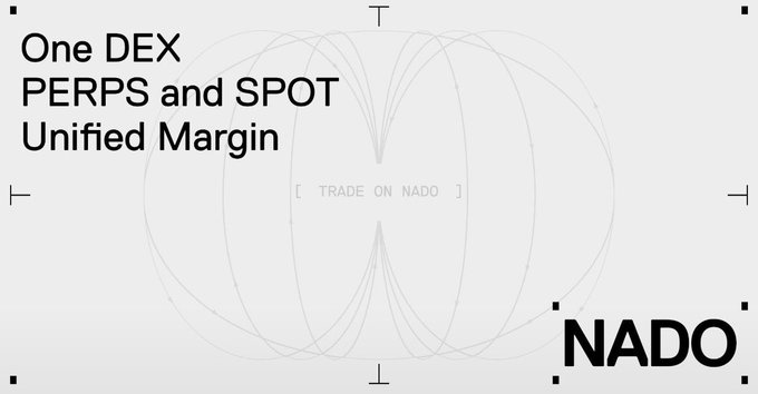 A minimalist promotional graphic for "NADO" DEX with text promoting "One DEX, PERPS and SPOT Unified Margin" and a "TRADE ON NADO" tagline, set against a faint spherical wireframe background. The image serves as branding for a decentralized exchange platform, contextualizing the poster's mention of airdrops from competing perp DEXs like Lighter.