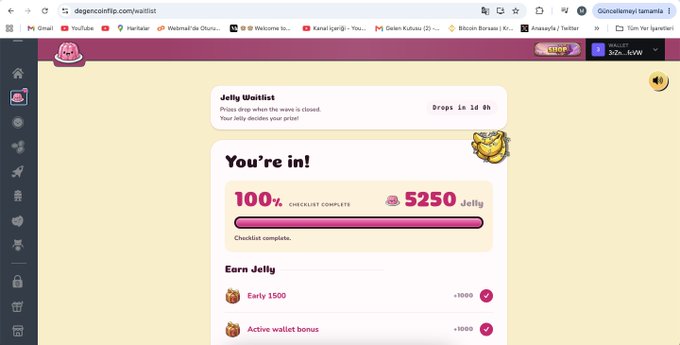 A screenshot of the Dege Coin website shows a 'Jelly Waitlist' page with a 100% checklist complete, awarding 5250 Jelly points and an 'Early 1500' bonus.