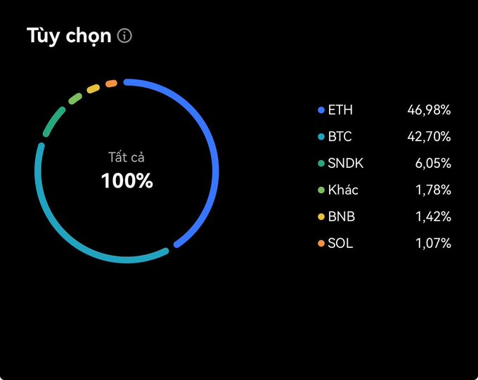Portfolio allocation donut chart titled 'Tùy chọn' (Options) showing 100% total distribution across: ETH 46.98%, BTC 42.70%, SNDK 6.05%, Khác (Other) 1.78%, BNB 1.42%, and SOL 1.07%.