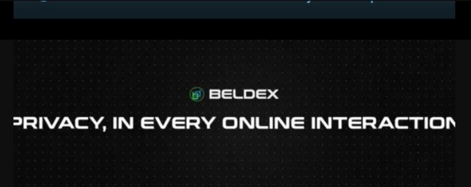 The image displays a dark, tech-themed graphic with the Beldex logo and the tagline "PRIVACY, IN EVERY ONLINE INTERACTION," aligning with the post's emphasis on Beldex as the foundational infrastructure powering decentralized privacy applications like BChat, BelNet, Beldex Browser, and BNS.