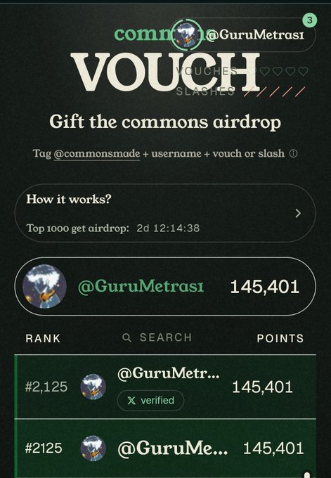 Screenshot of a 'commons' platform page titled 'VOUCH SLASHES,' detailing an airdrop giveaway for user '@GuruMetrasi' who holds 145,401 points and is ranked #2,125.
