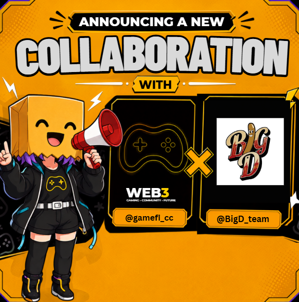 A vibrant orange announcement graphic featuring a cartoon box-headed character with a megaphone, announcing a new collaboration between Web3 (@gamefi_cc) and Big D (@BigD_team).