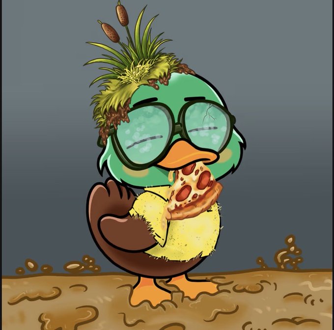 A cartoon illustration of a green duck wearing oversized glasses and a messy plant nest on its head, eating a slice of pepperoni pizza while standing in a muddy puddle.