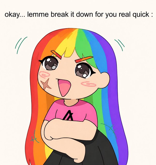 ikeb3's rainbow hair, with a pink shirt and black pants, is depicted in a cartoon style against a white background.
