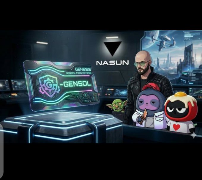 A promotional image featuring a man with cartoon mascots alongside a futuristic 'GENSOL' card and the 'NASUN' logo.
