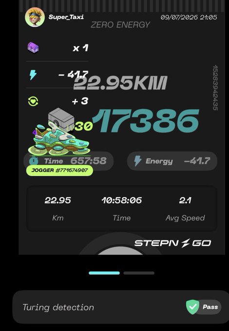 A STEP'N GO app screenshot in dark mode for user 'Super_Taxi' from 09/07/2026, showing a JOGGER sneaker run of 22.95 KM in 10:58:06 at 2.1 avg speed, earning 17386 points with 22.95KM and 417 stats displayed.