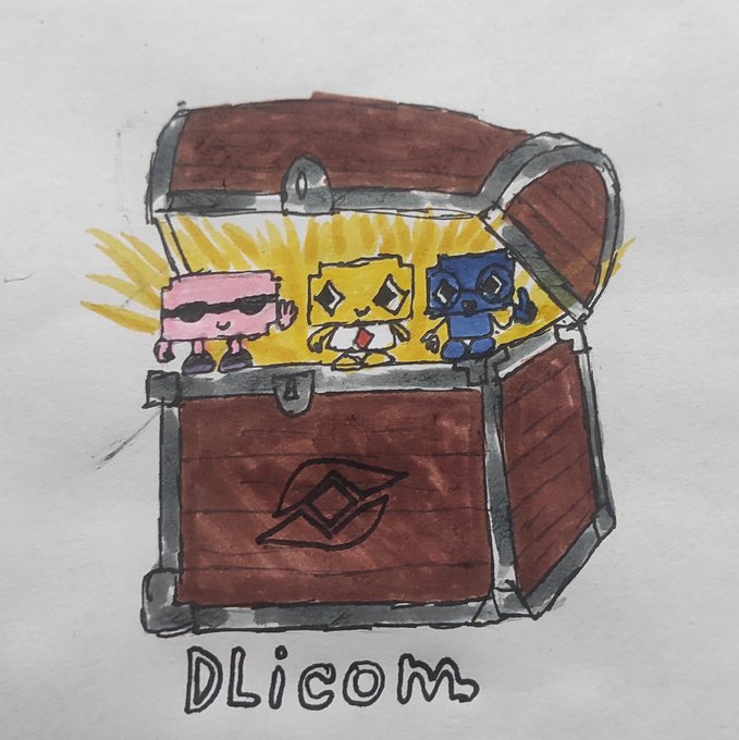 A hand-drawn marker illustration of an open wooden treasure chest glowing yellow inside, containing three small cartoon characters (pink, yellow, and blue), with 'DLicom' written below.