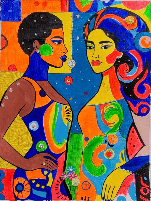 A vibrant, colorful painting depicts two stylized women with abstract patterns and shapes filling the background.