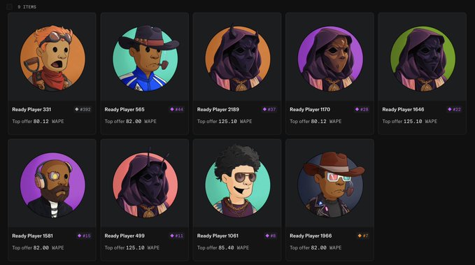 A dark marketplace-style grid displays nine circular avatar cards labeled “Ready Player” with numbers such as 331, 565, 2189, 1170, 1646, 1581, 499, 1061, and 1966, plus prices, purple gem icons, and “Top offer” text including “80.12 MAPE” and “125.18 MAPE”; the header reads “9 ITEMS.”