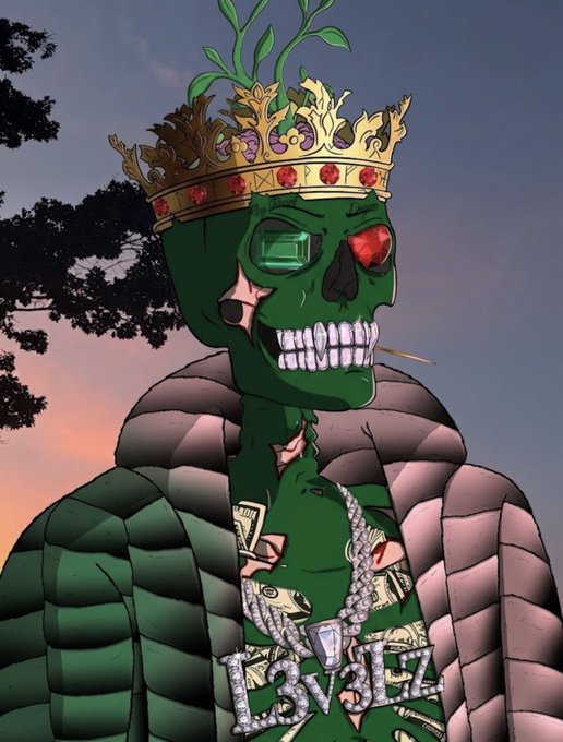 Stylized illustration of a green skeletal figure wearing an ornate gold crown with red and green gems, a puffer jacket, and diamond chains with a pendant, with 'L33TZ' visible on the necklace.