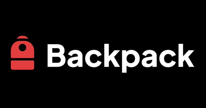 The image features a logo for a company called "Backpack" written in white text against a black background. The logo includes an image of a red backpack, which is the main visual element associated with the brand name. The caption below the logo provides information about the company and its product offerings.